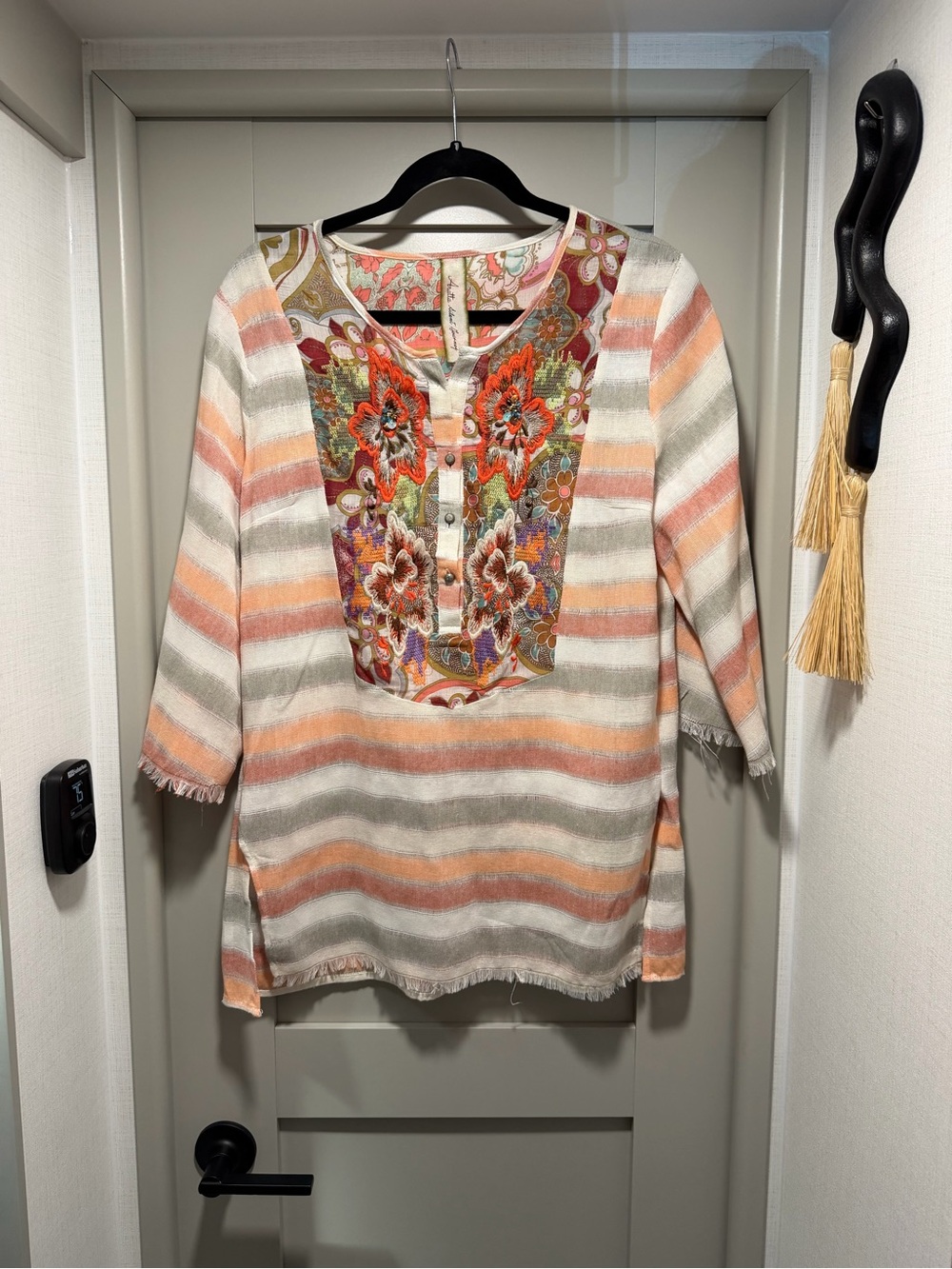 Aratta Peach and Cream Embroidered Striped Tunic